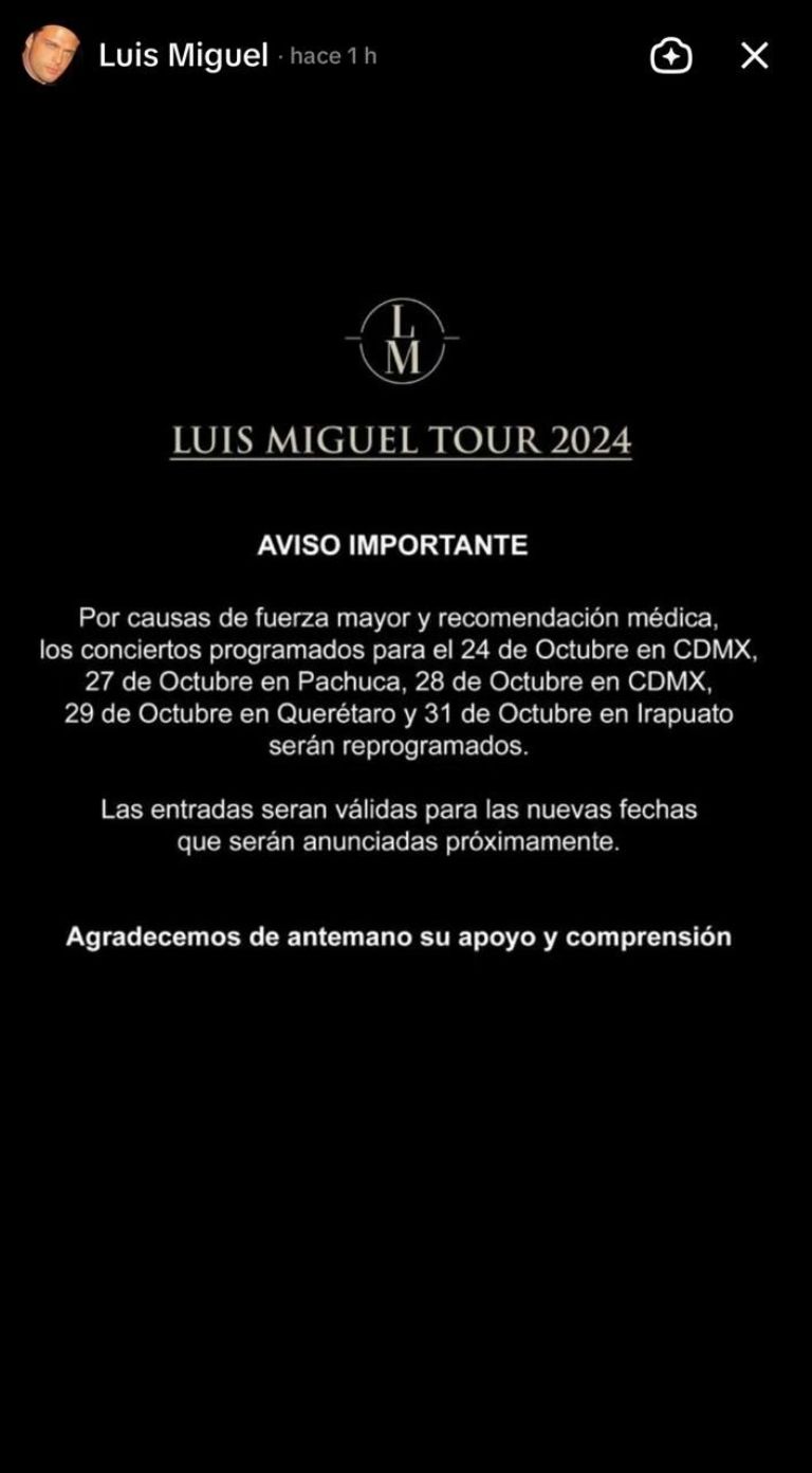 Luis Miguel cancela conciertos del 24 al 31 de octubre 2