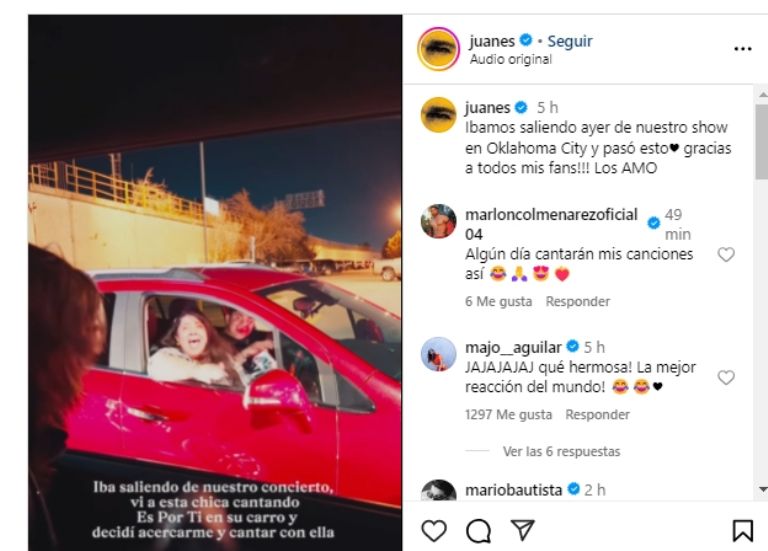 Juanes sorprende en el tráfico a una fan que cantaba uno de sus temas y su reacción fue grandiosa 2